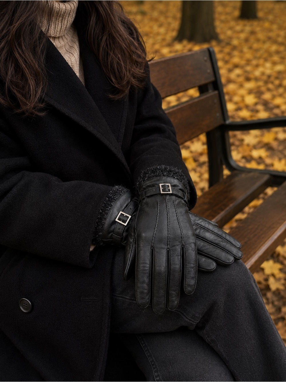 Danier Genuine Leather Black Gloves with fur trim size M.